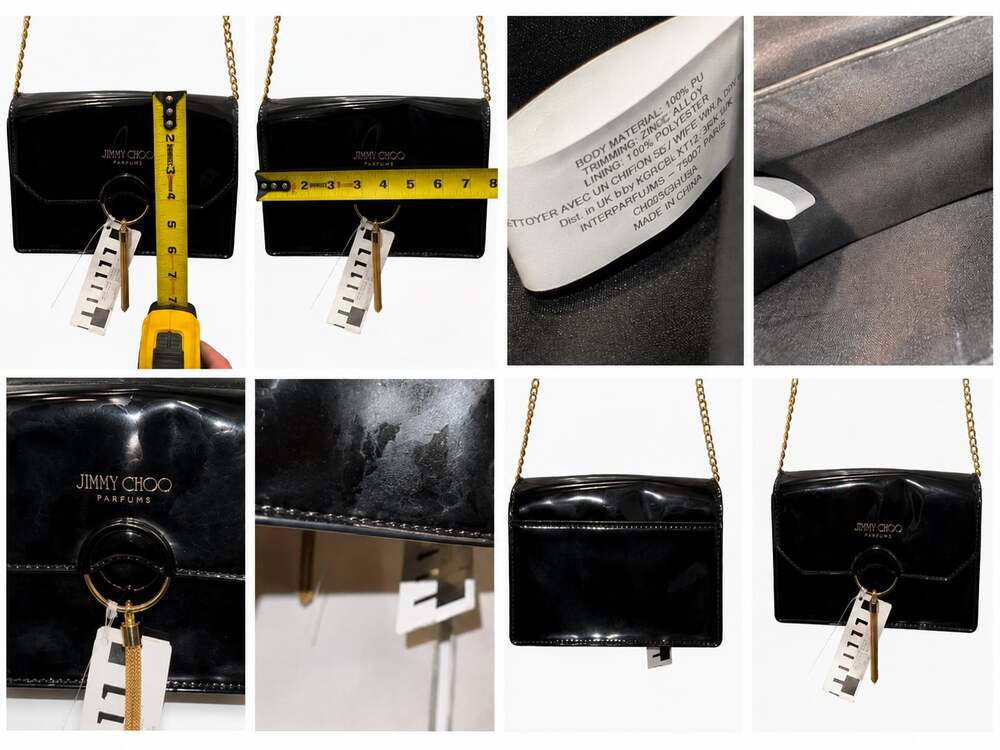Jimmy Choo Parfums Black Patent Clutch Crossbody Bag Gold Chain Tassel 7.5”